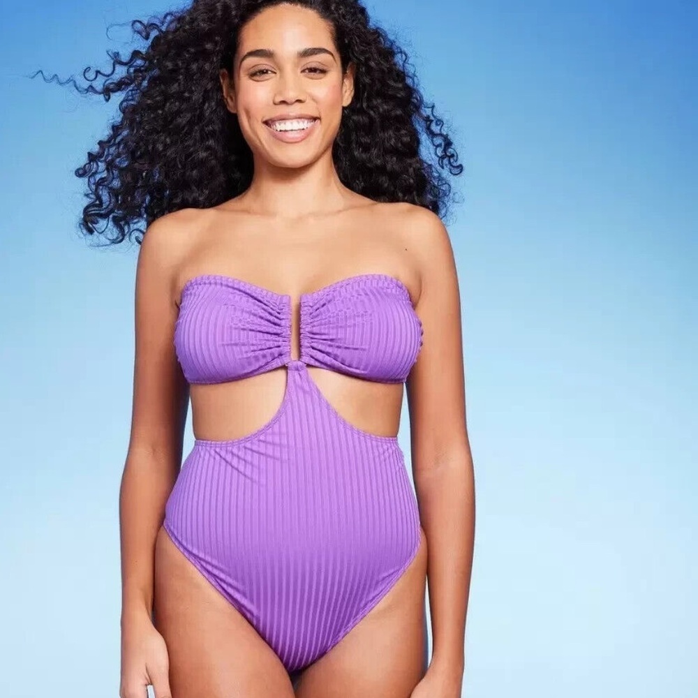 Shade & Shore Womens Swimsuit Bandeau Cut Out Large Purple Beach Resort Summer L